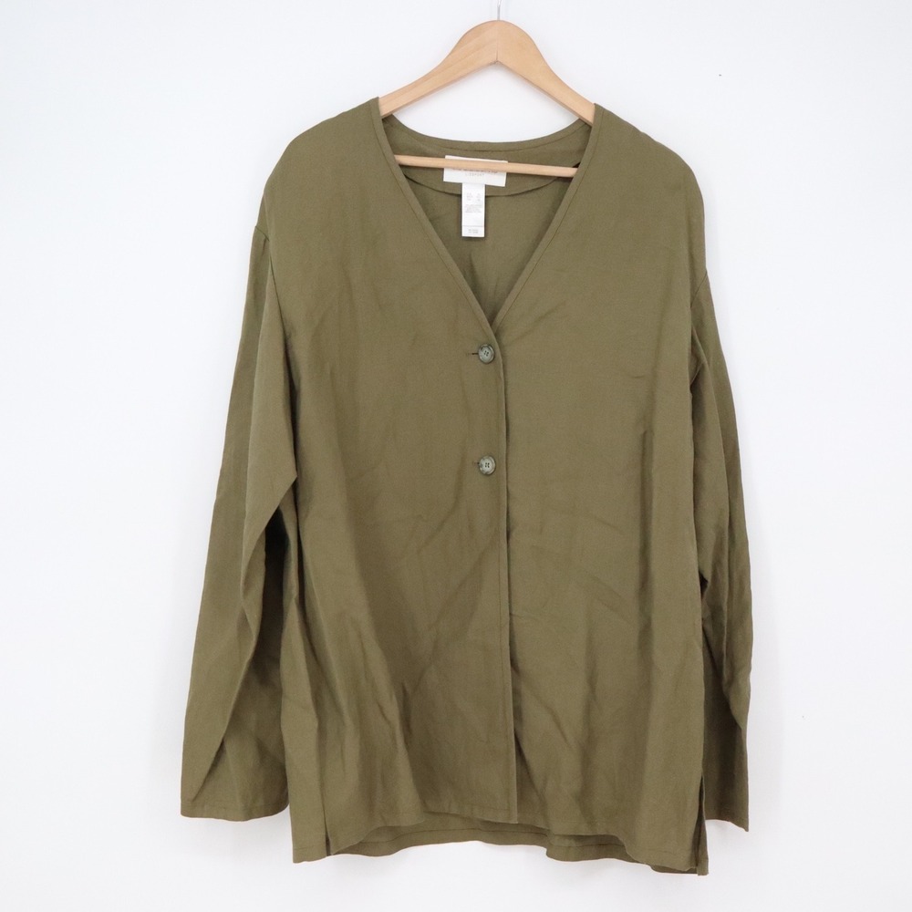 Liz Claiborne Linen Top Womens XL Lizsport Olive Green Button-down Excellent